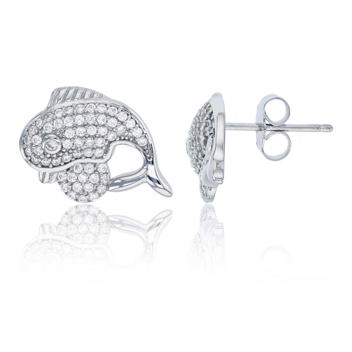Sterling Silver Rhodium Micropave Fish Stud Earring