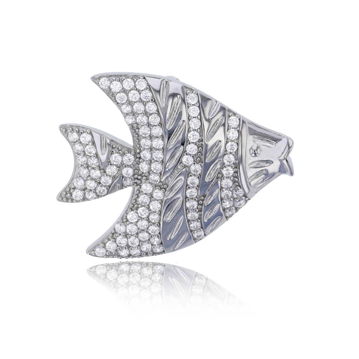 Sterling Silver Rhodium Textured & Micropave Fish Pendant