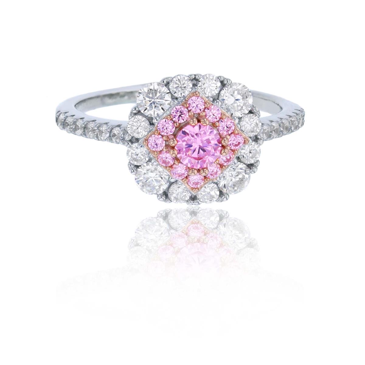 Sterling Silver Rhodium & Rose Pave Pink & White CZ Cushion Shaped Engagement Ring