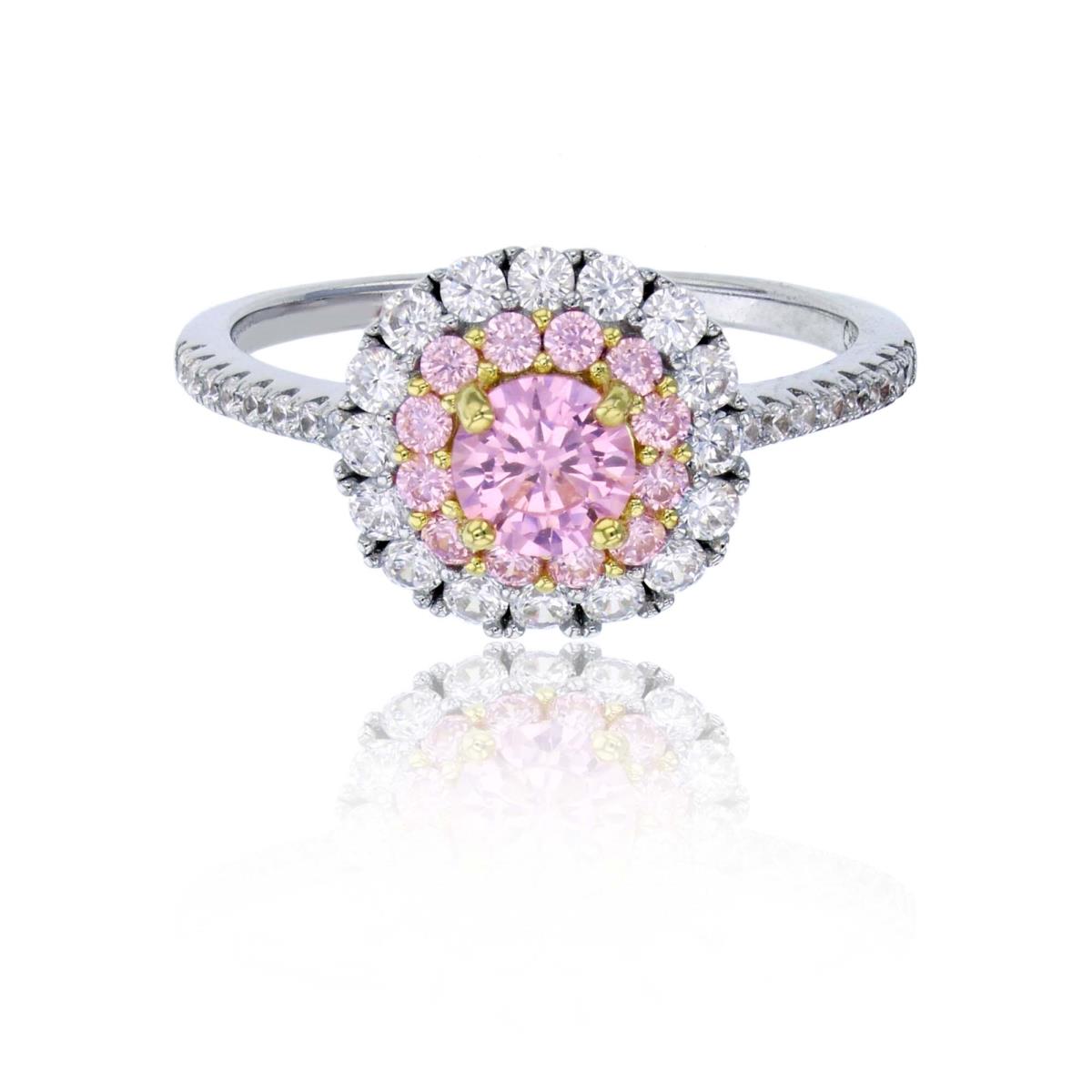 Sterling Silver Rhodium & Yellow 5mm Pink Rd Cut Micropave Double Halo Engagement Ring