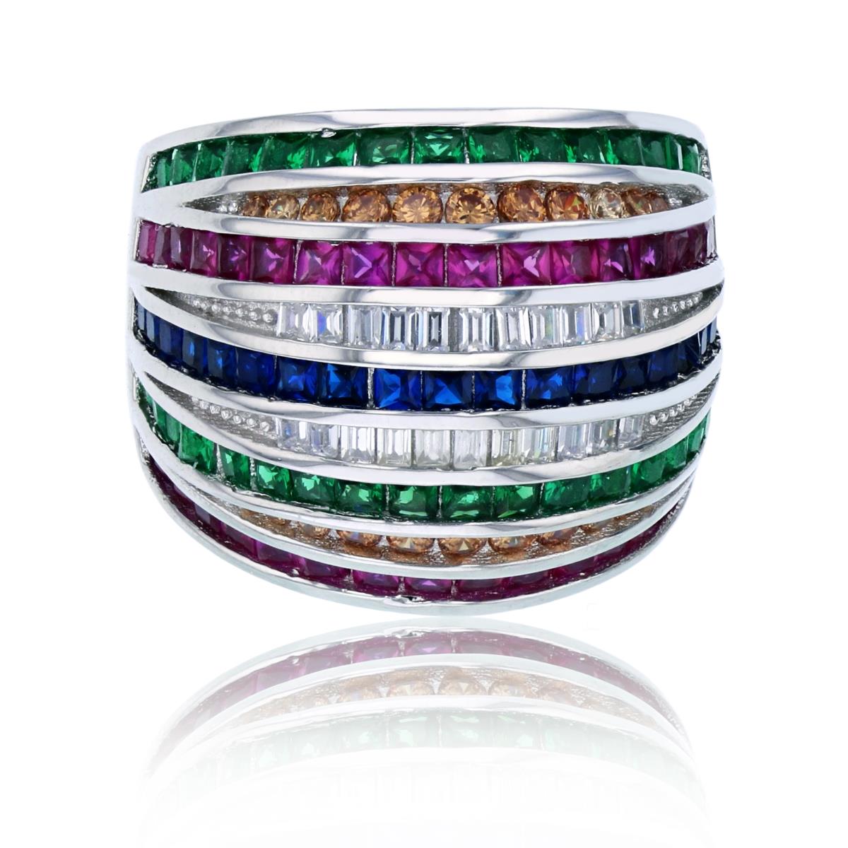 Sterling Silver Rhodium Multi Cut & Multi Color CZ 9-Lines Domed Fashion Ring