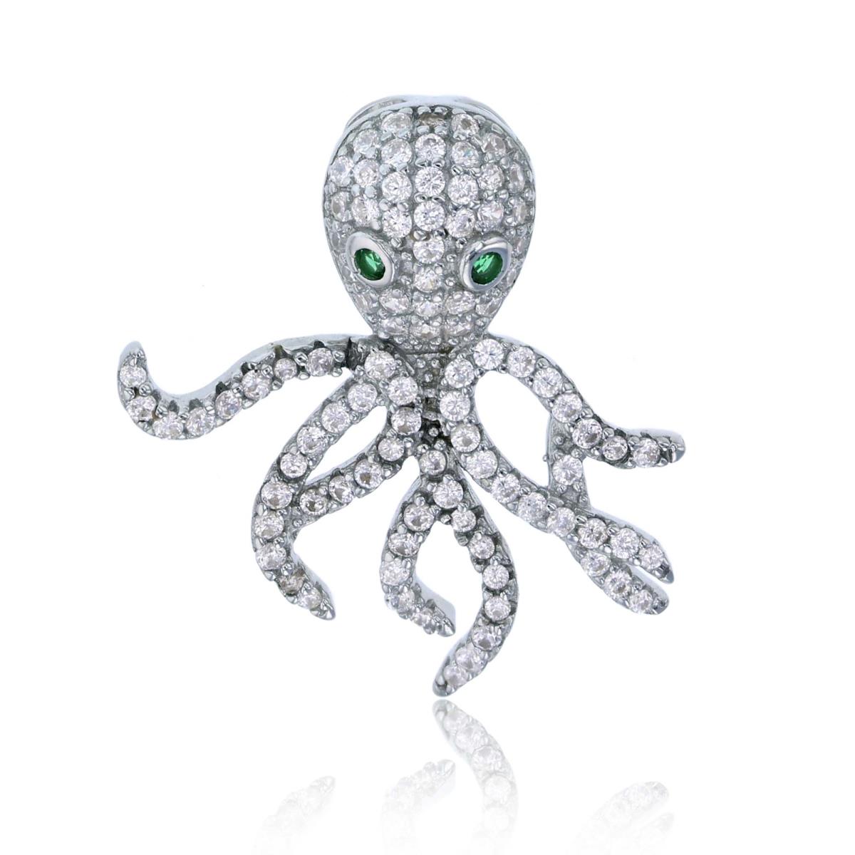 Sterling Silver Rhodium Micropave Emerald & White CZ Octopus Pendant