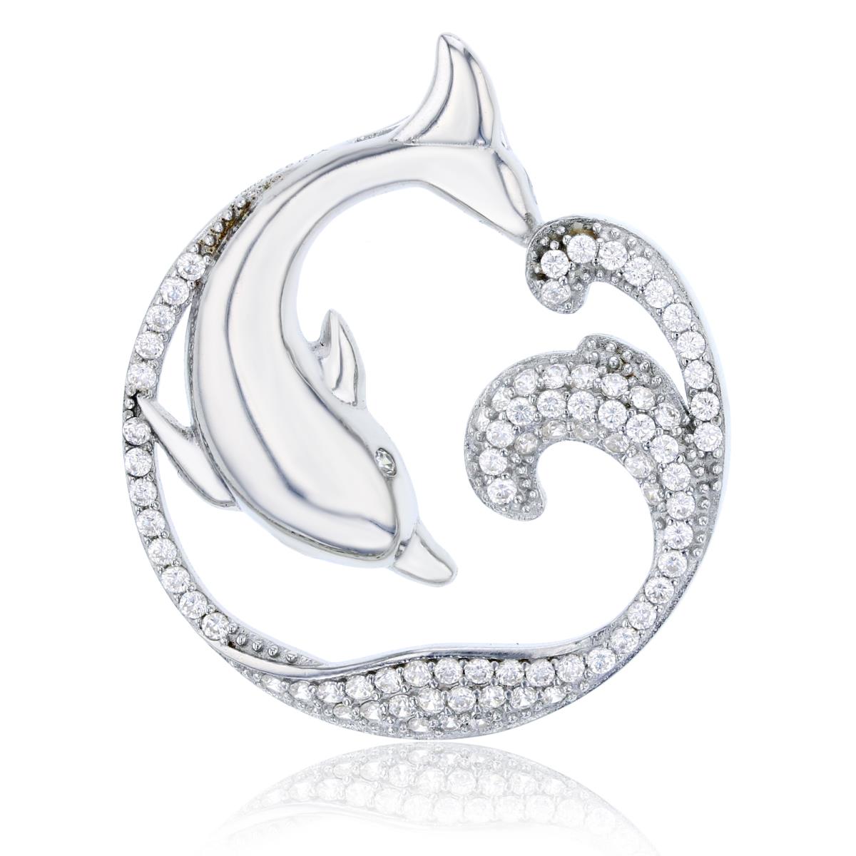 Sterling Silver Rhodium High Polished & Micropave Jumping Dolphin Circle Pendant