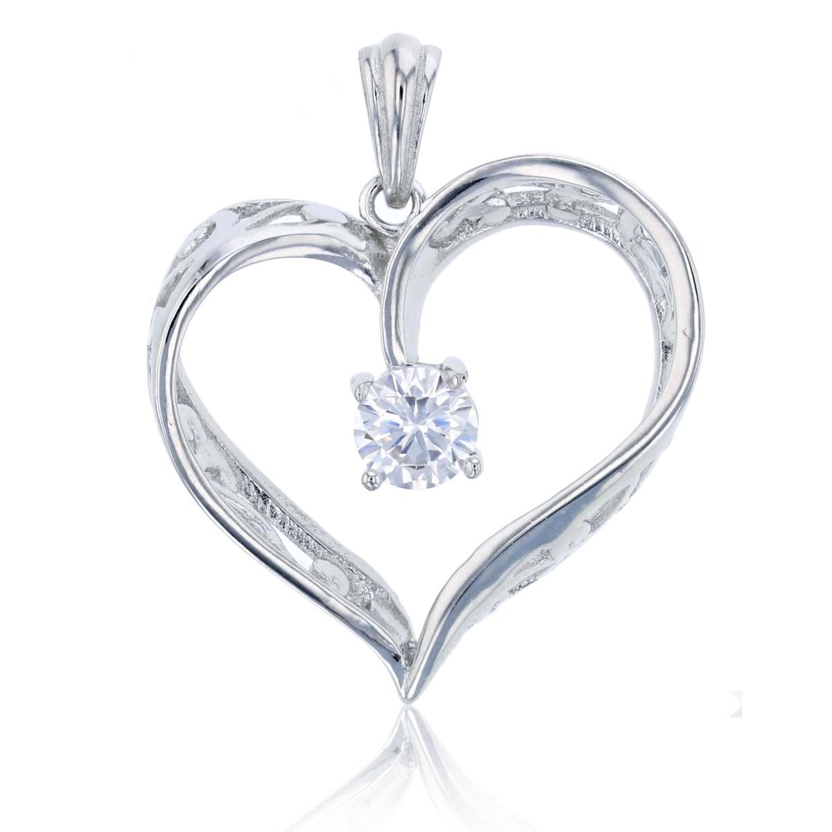 Sterling Silver Rhodium Filigree Open Heart with 5mm Rd Cut Pendant