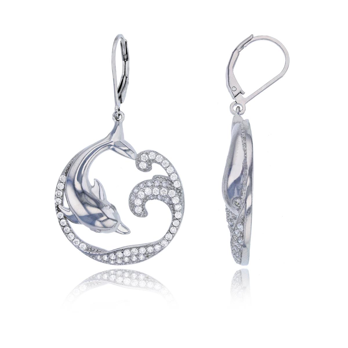 Sterling Silver Rhodium High Polished & Micropave Jumping Dolphin Circle Dangling Leverback Earring