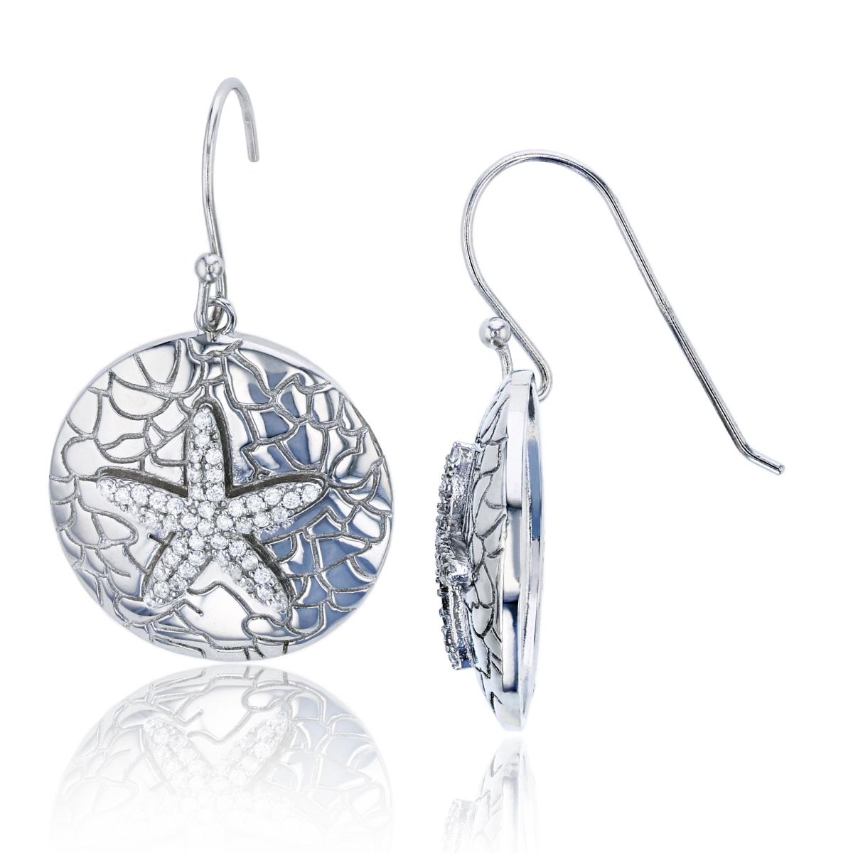 Sterling Silver Rhodium Textured Circle Plate with Micropave Starfish Dangling Fish-Hook Earring