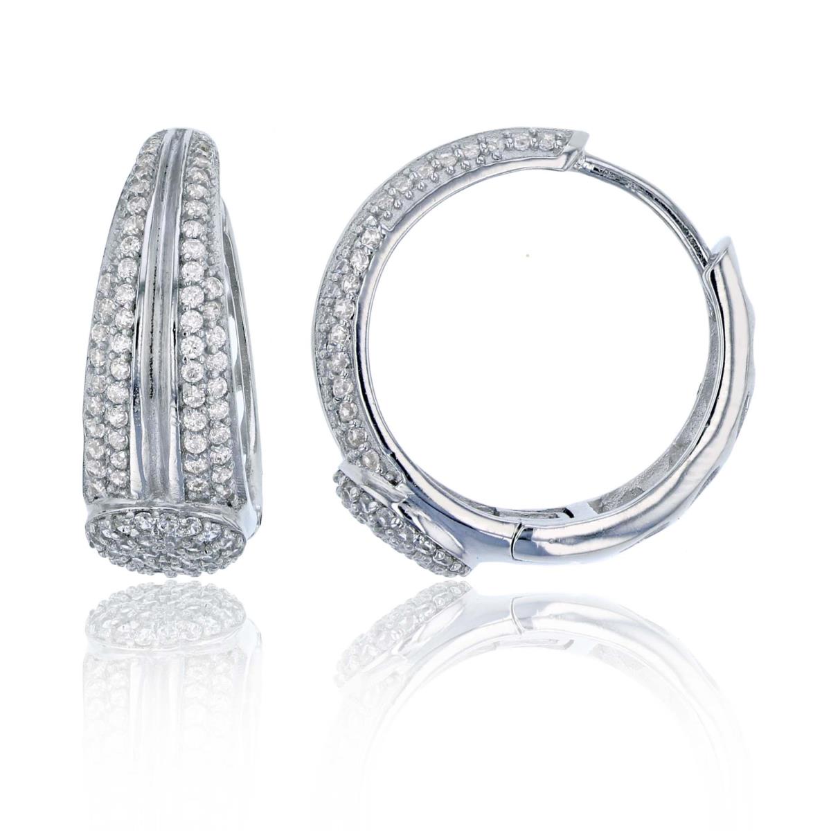 Sterling Silver Rhodium Graduated Micropave 20x7mm Huggie Earring