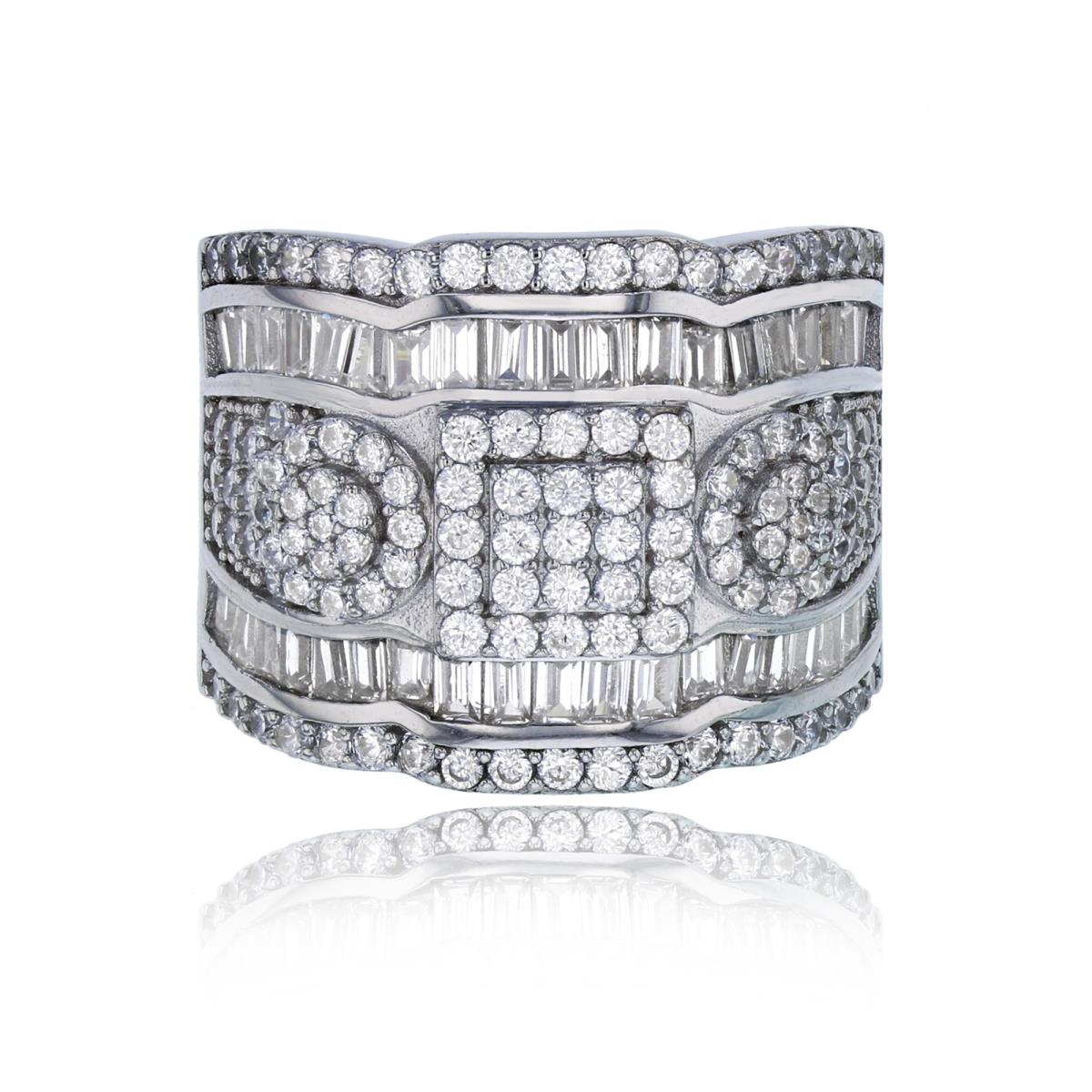 Sterling Silver Rhodium Micropave Rd & Baguette CZ Cocktail Fashion Ring