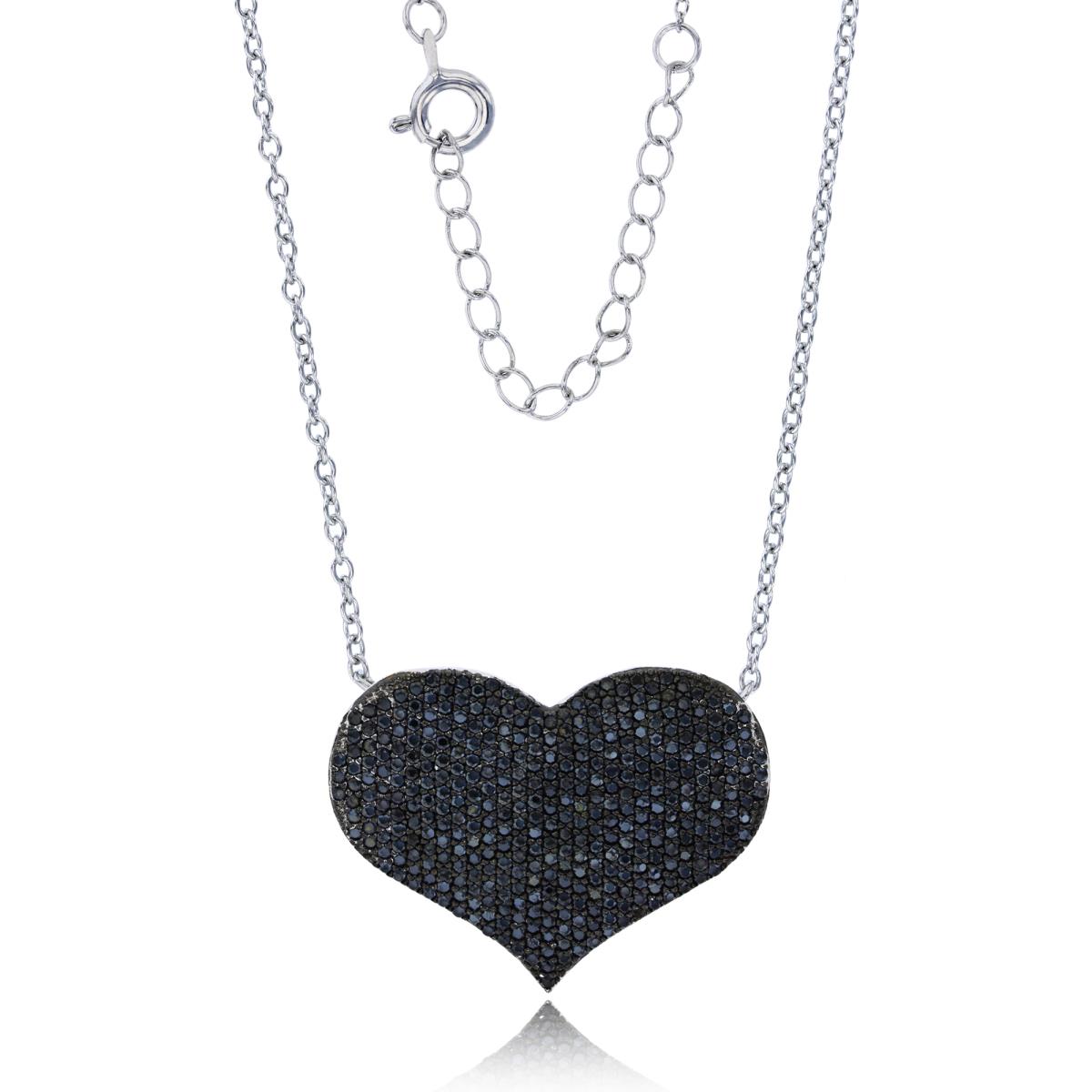 Sterling Silver Black & Rhodium Micropave Black CZ Heart 16"+2" Necklace