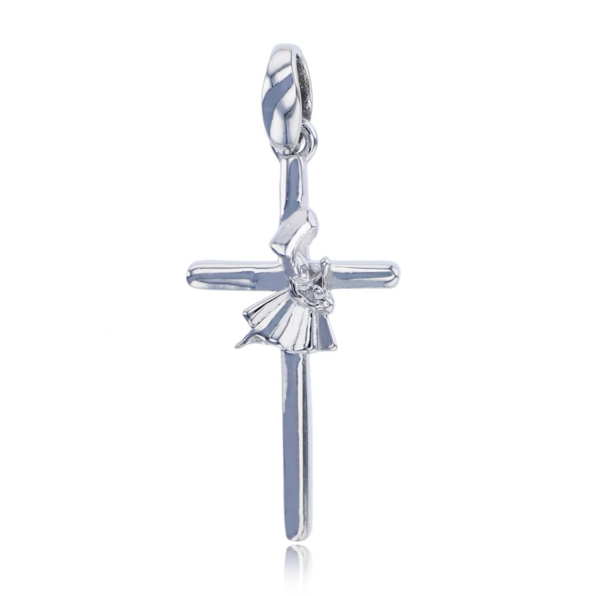 Sterling Silver Rhodium Polished Cross with Praying Girl Pendant