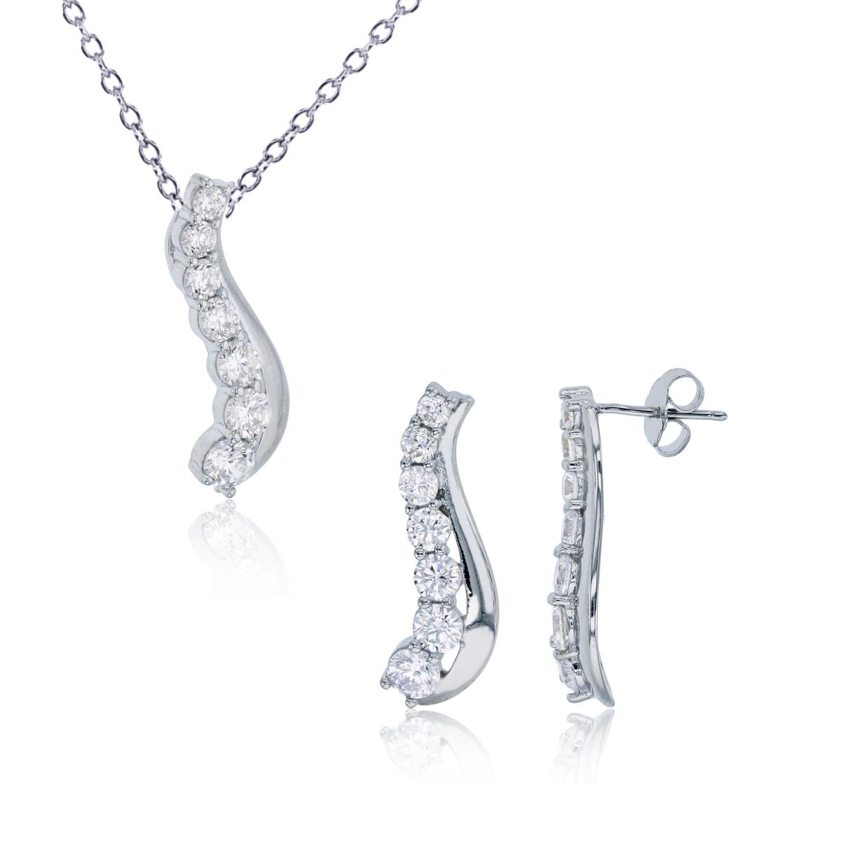 Sterling Silver Rhodium Pave Graduated & Polished "S" Shaped 18" Necklace & Earring Set