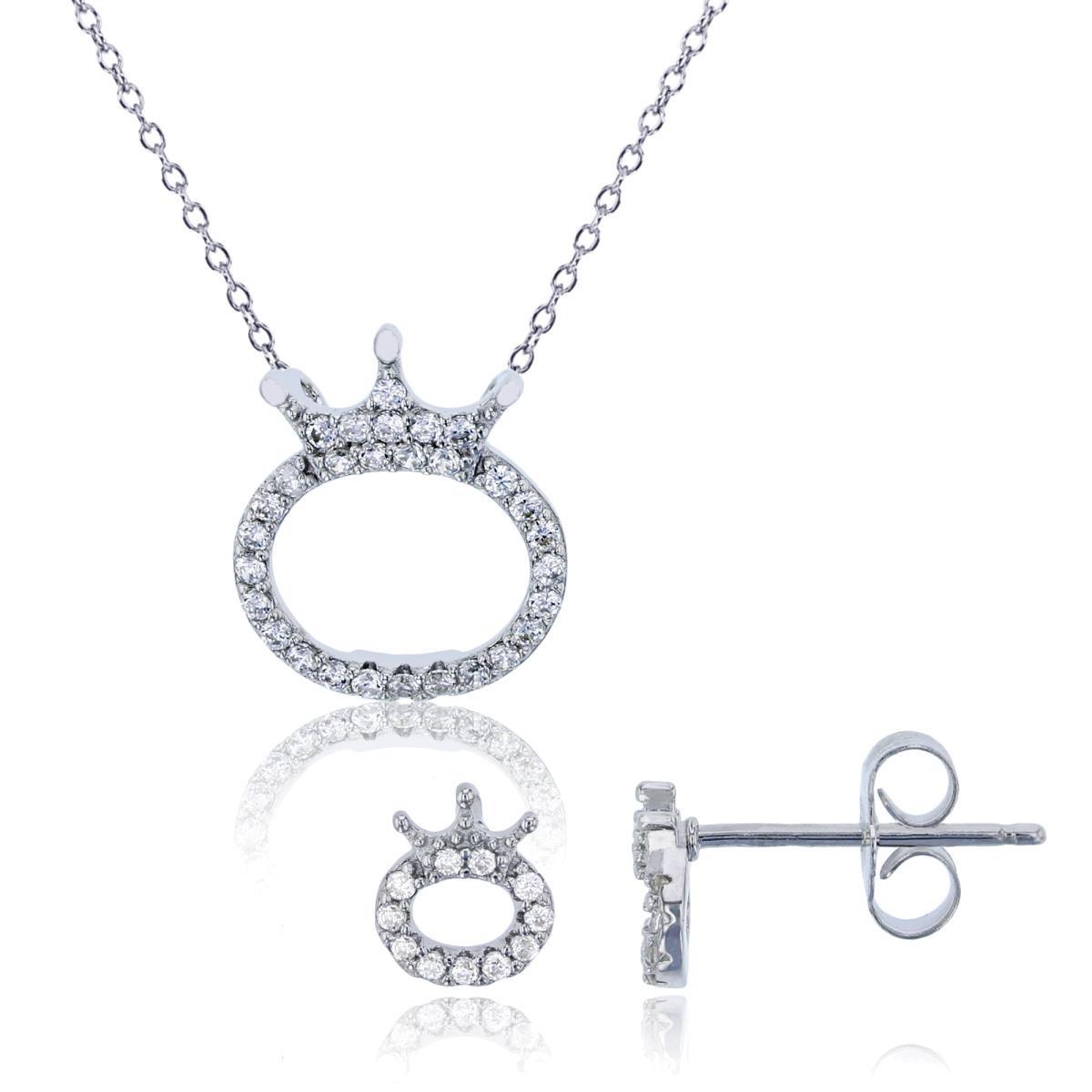 Sterling Silver Rhodium Micropave Open Crown Cirlce 13"+2" Necklace & Earring Set