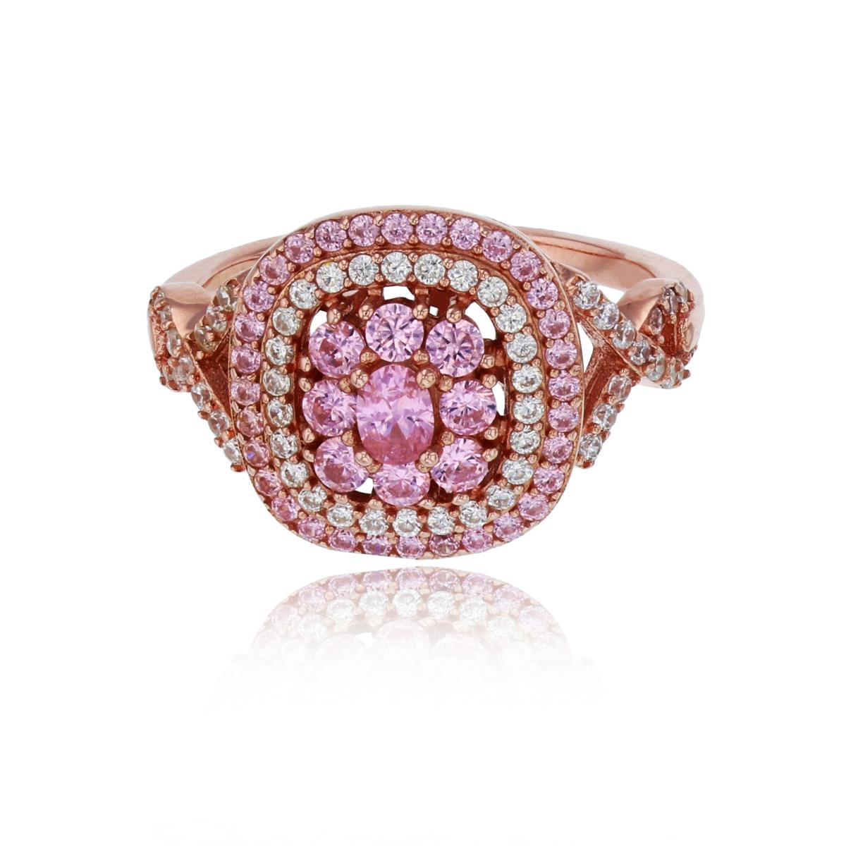 Sterling Silver Rose 1-Micron Micropave Pink & White CZ Cushion Shaped Crossed Sides Fashion Ring
