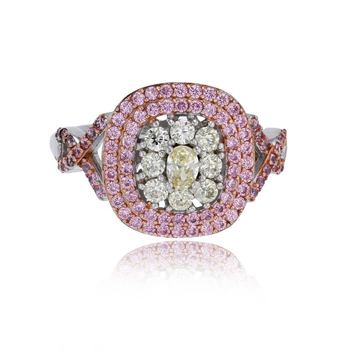 Sterling Silver Rose & Rhodium Micropave Pink & White CZ Cushion Shaped Crossed Sides Fashion Ring