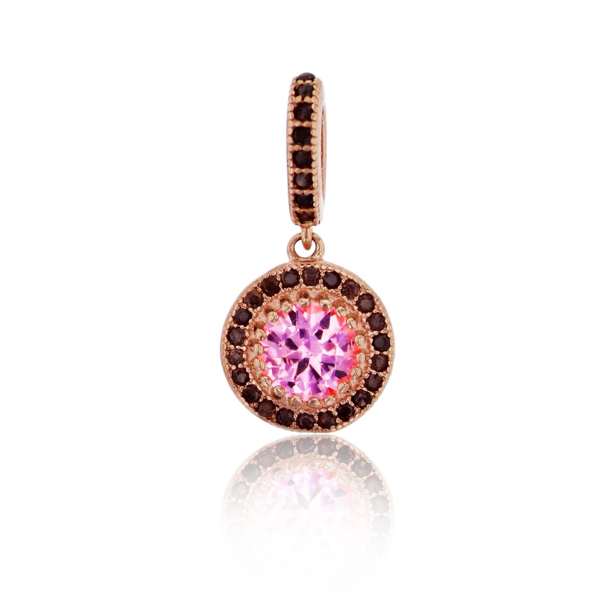 Sterling Silver Rose 5.50mm Round Pink Bezel & Brown CZ Halo Pendant