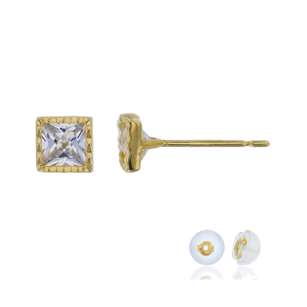 14K Yellow Gold 4mm Princess Cut DC Milgrain Stud Earring with Silicone Back