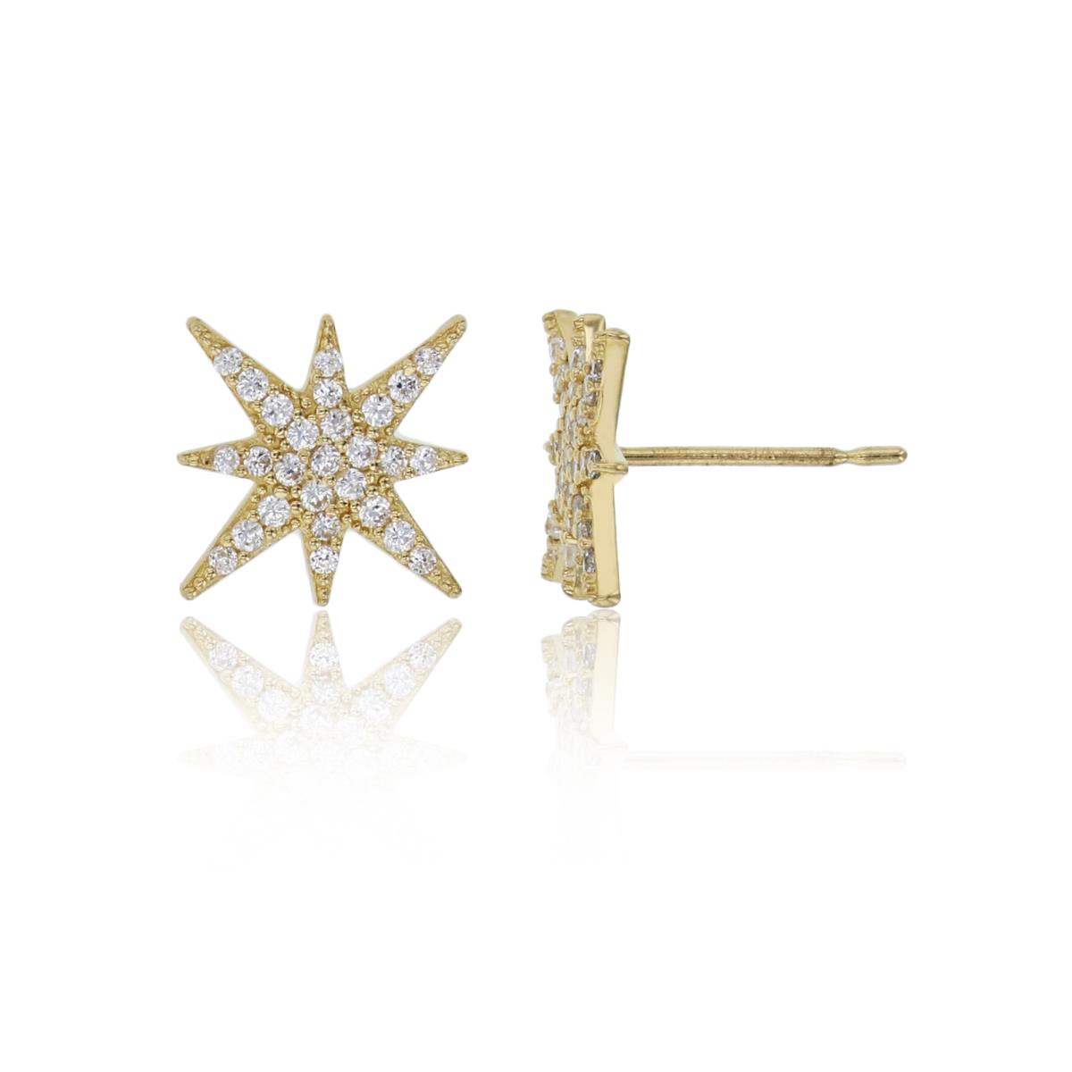 14K Yellow Gold 12x12mm Micropave Starburst Stud Earring