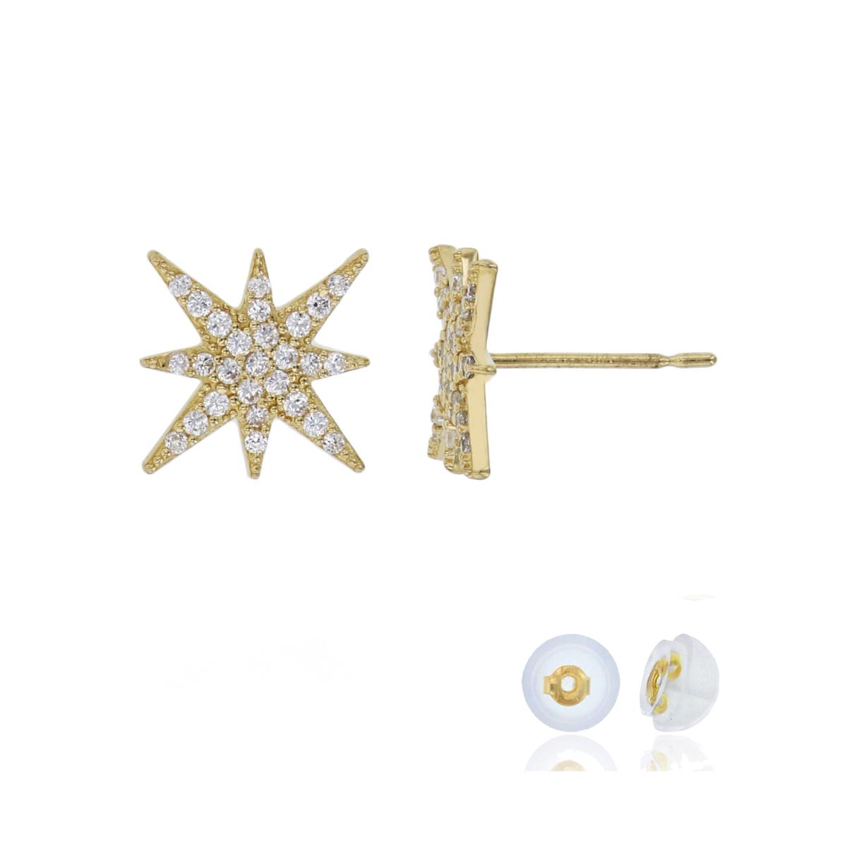 14K Yellow Gold 12x12mm Micropave Starburst Stud Earring with Silicone Back