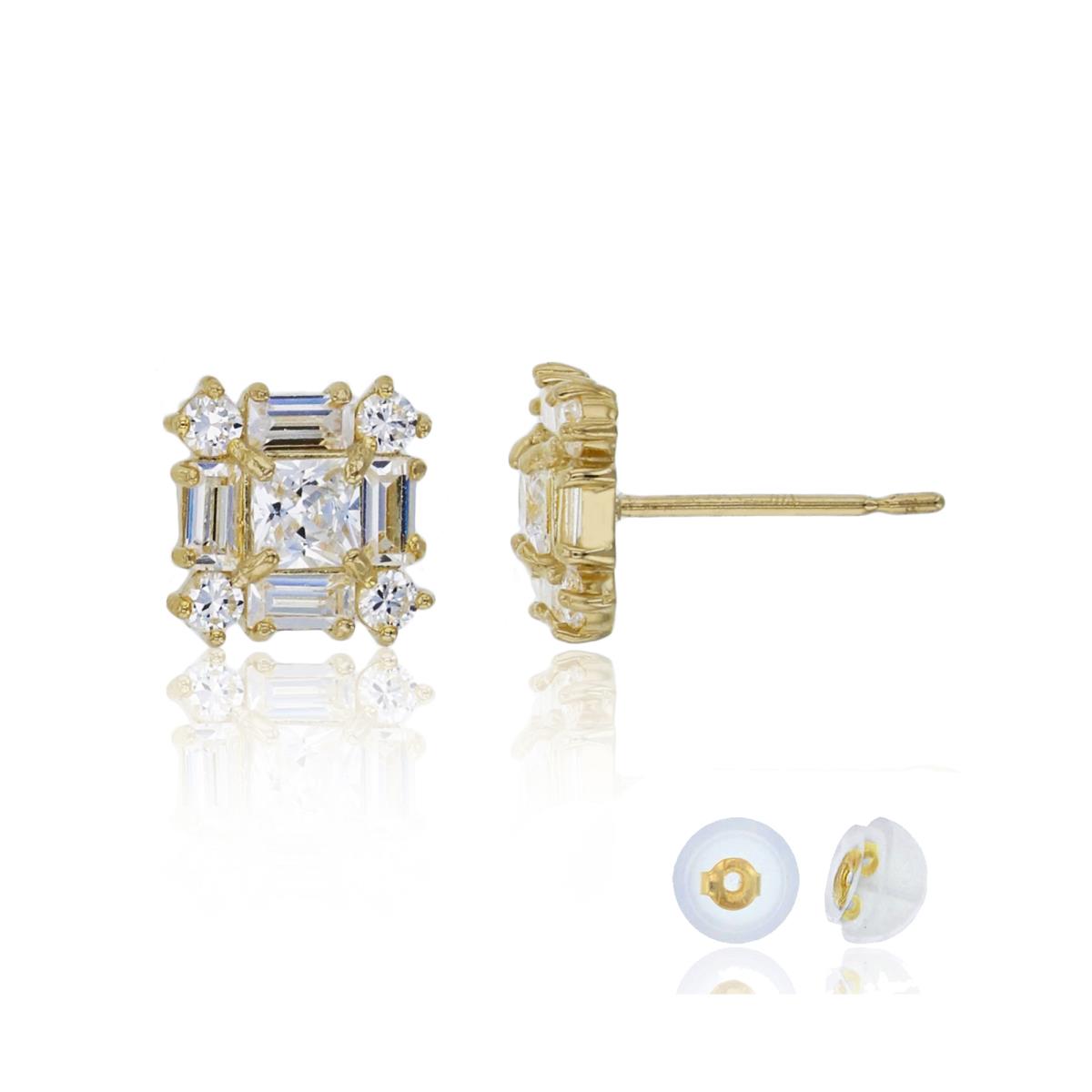 14K Yellow Gold Multi Cut CZ Square Stud Earring with Silicone Back
