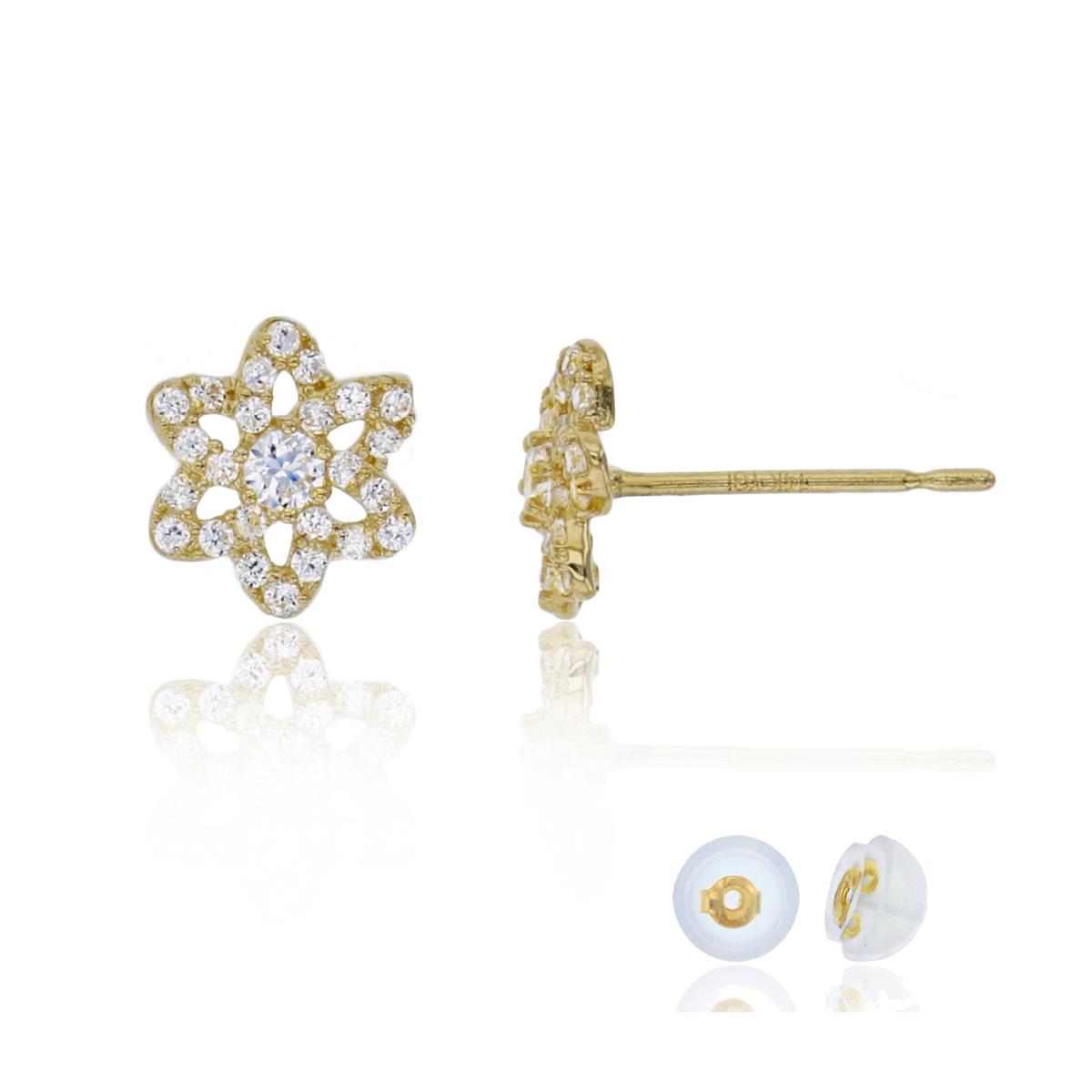 14K Yellow Gold Micropave Flower Stud Earring with Silicone Back