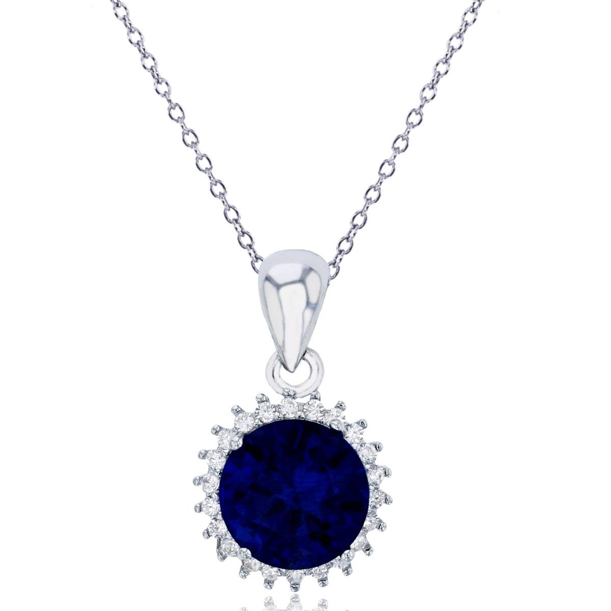 Sterling Silver Rhodium 9mm Sapphire Rd Cut with White CZ Halo 18" Necklace