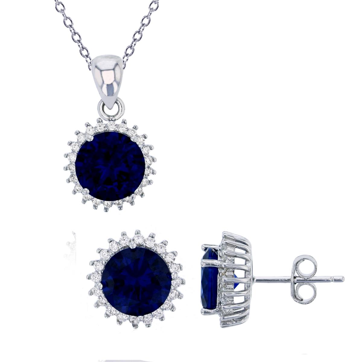 Sterling Silver Rhodium 9mm Sapphire Rd Cut with White CZ Halo 18" Necklace & Earring Set