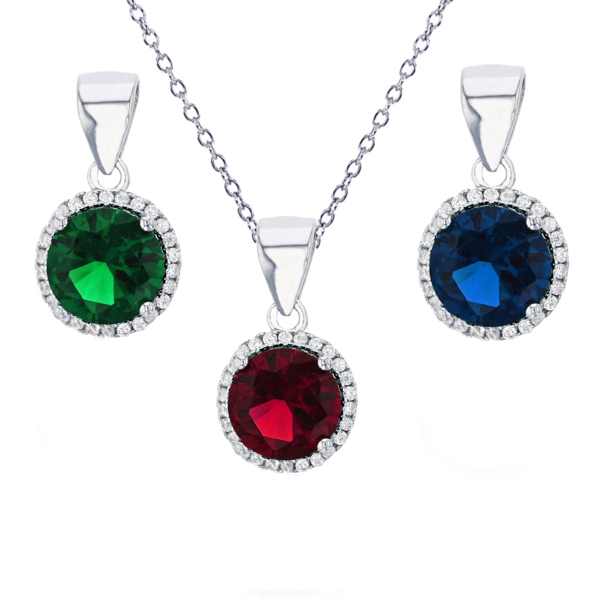 Sterling Silver Rhodium 8mm Sapphire+Ruby+Emerald Rd Cut CZ Halo Pendants with 18" Rollo Chain