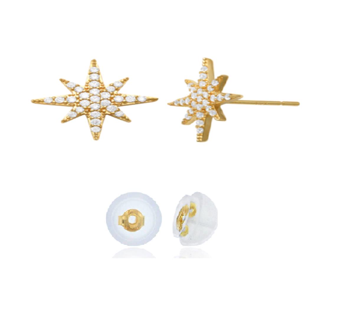 10K Yellow Gold 12x12mm Micropave Starburst Stud Earring with Silicone Back