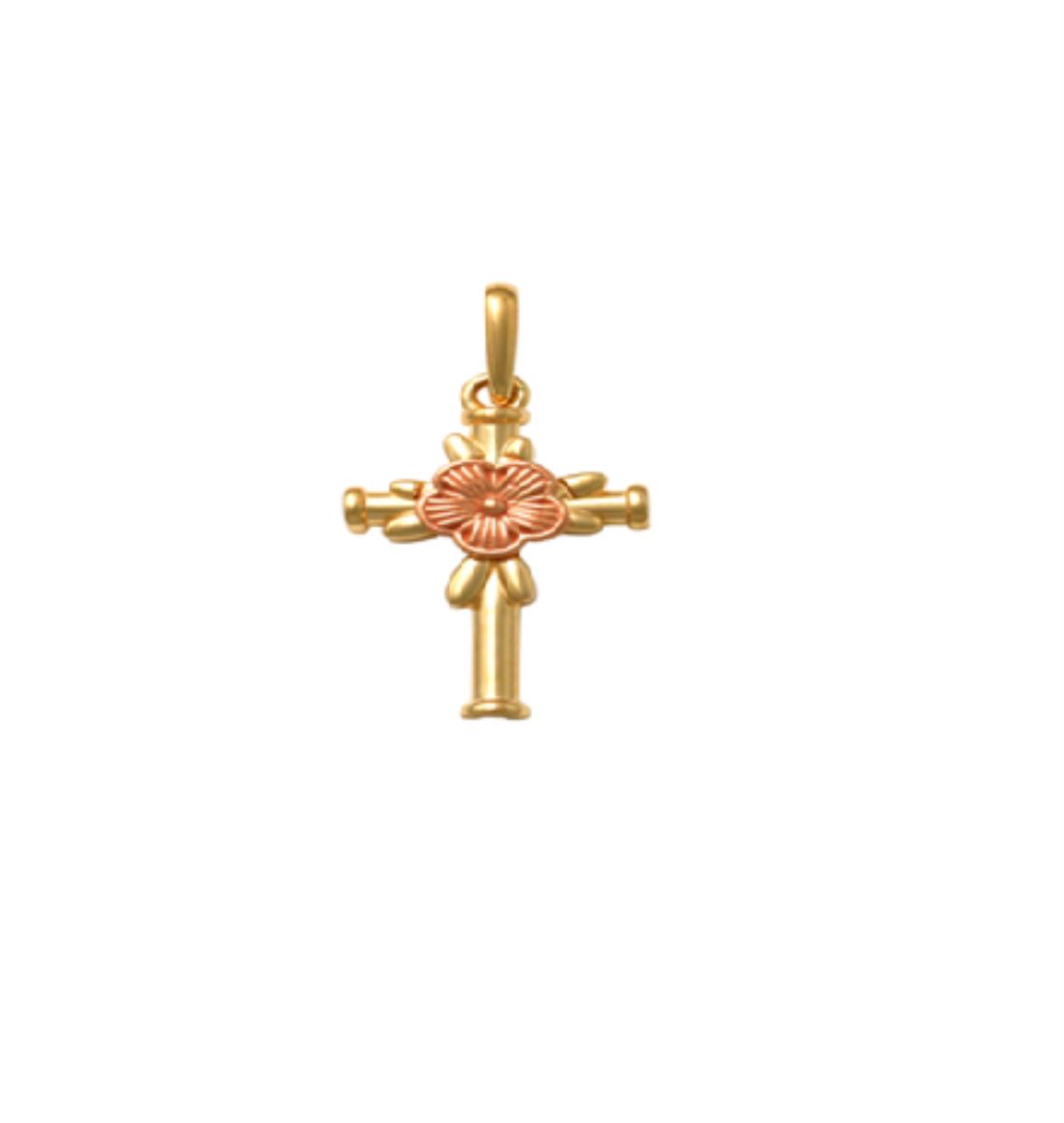 10K Two-Tone Gold Polished Cross with Flower Pendant