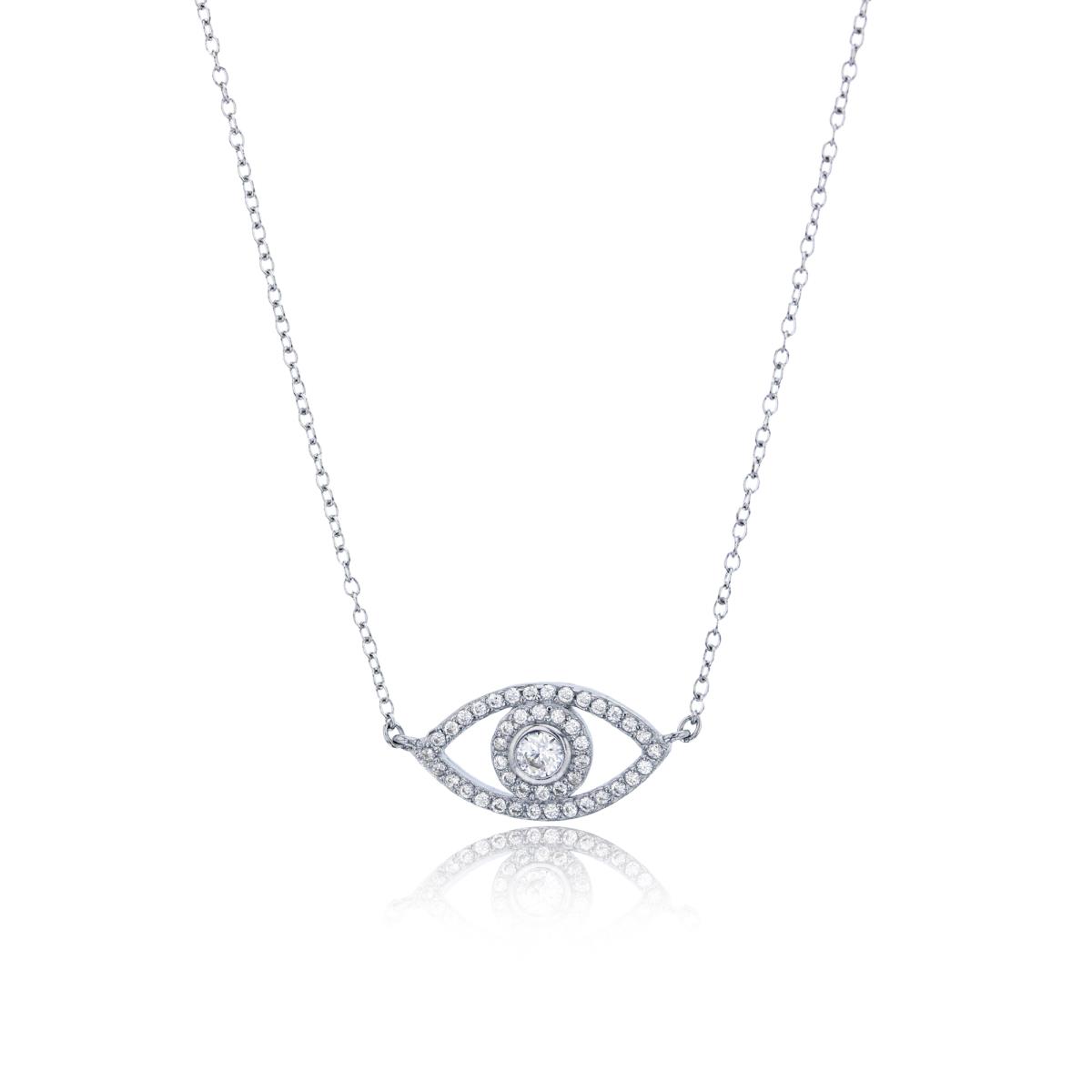 Sterling Silver Rhodium 3mm Round Cut CZ with Micropave Evil Eye 16"+2" Necklace