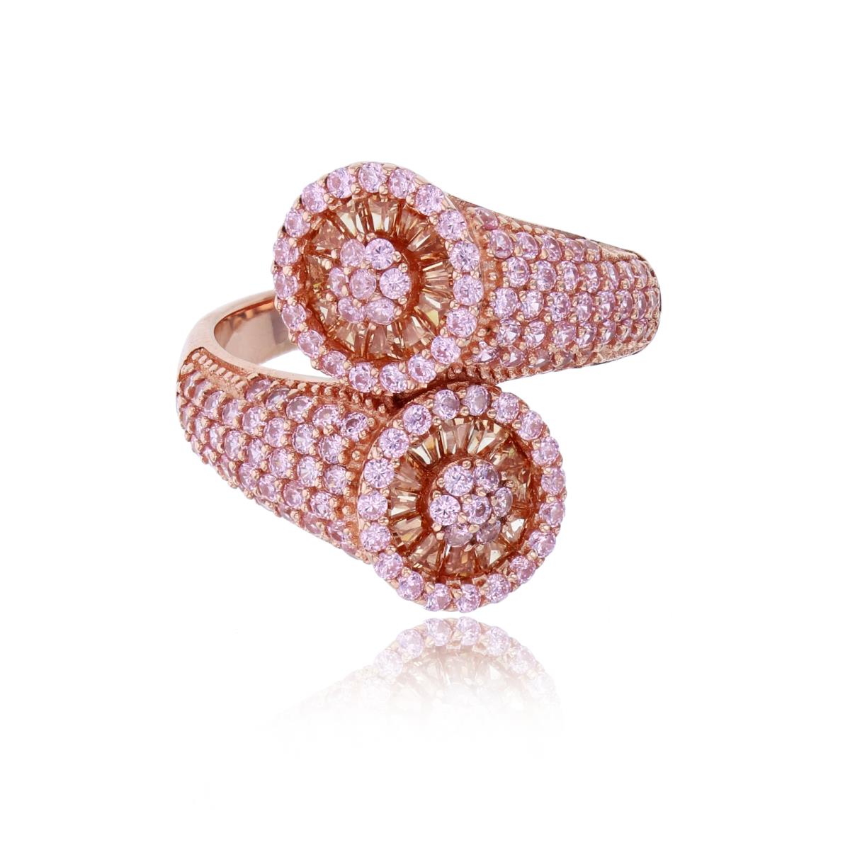 Sterling Silver Rose Pink & Champagne Micropave Rd & Baguette CZ Double Bypass Wheel Fashion Ring