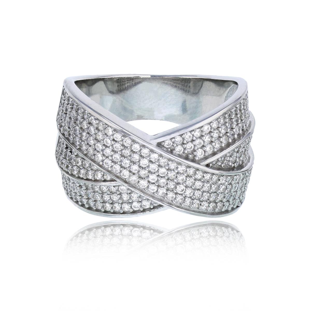 Sterling Silver Rhodium Micropave 3-Row White CZ Highway Fashion Ring
