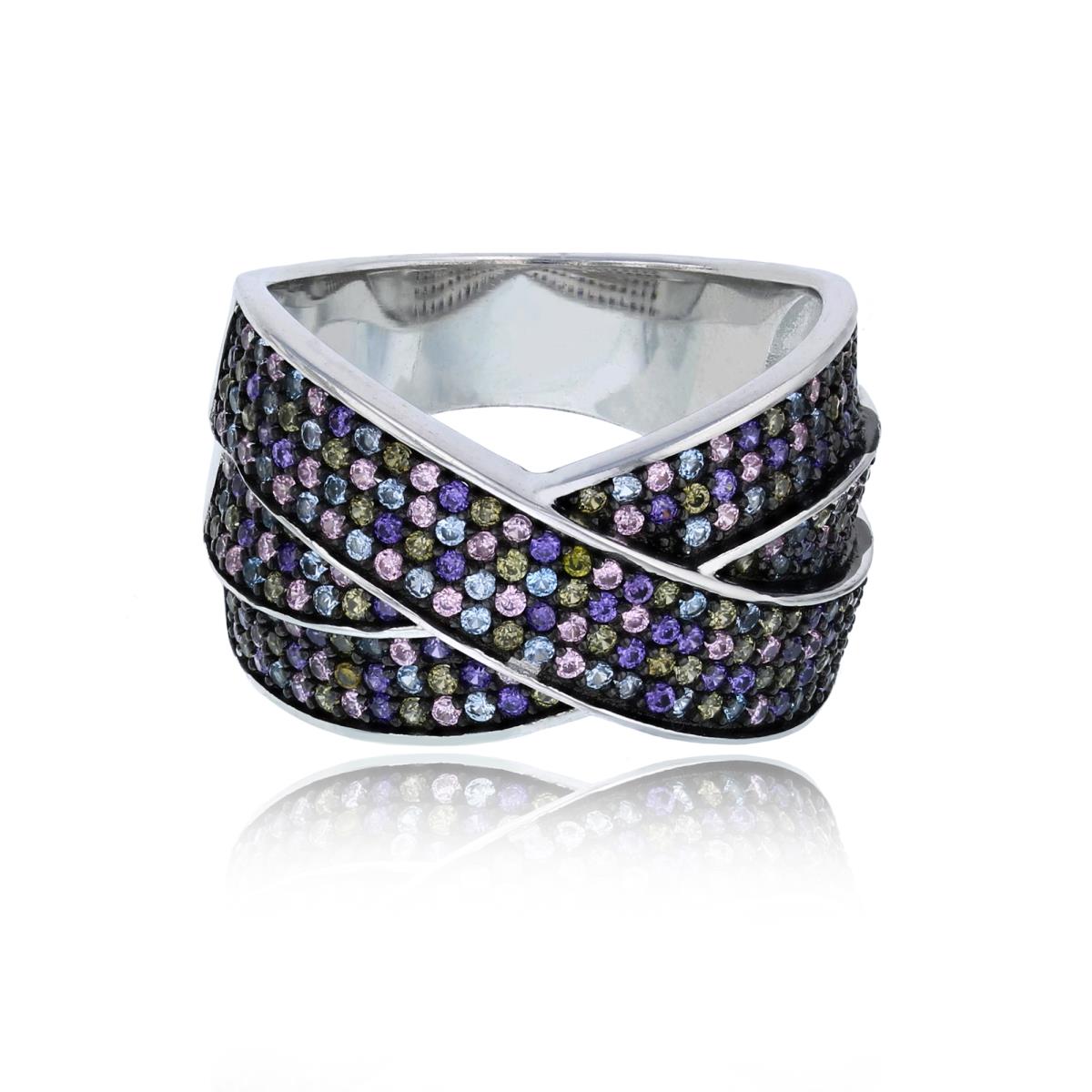 Sterling Silver Black & White Micropave 3-Row Multi Color Highway Fashion Ring