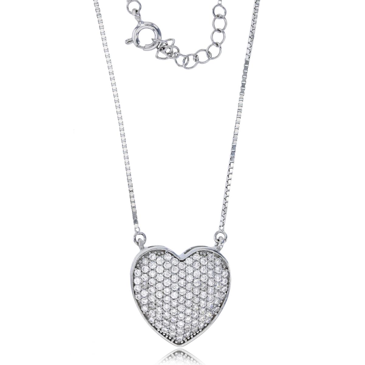 Sterling Silver Rhodium Polished Pave Rd CZ Heart 17"+1" Dangling Necklace