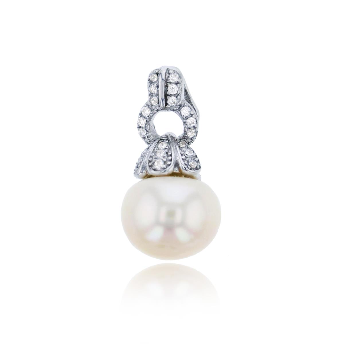 Sterling Silver Rhodium 10mm Freshwater Pearl with Micropave CZ Dangling Pendant