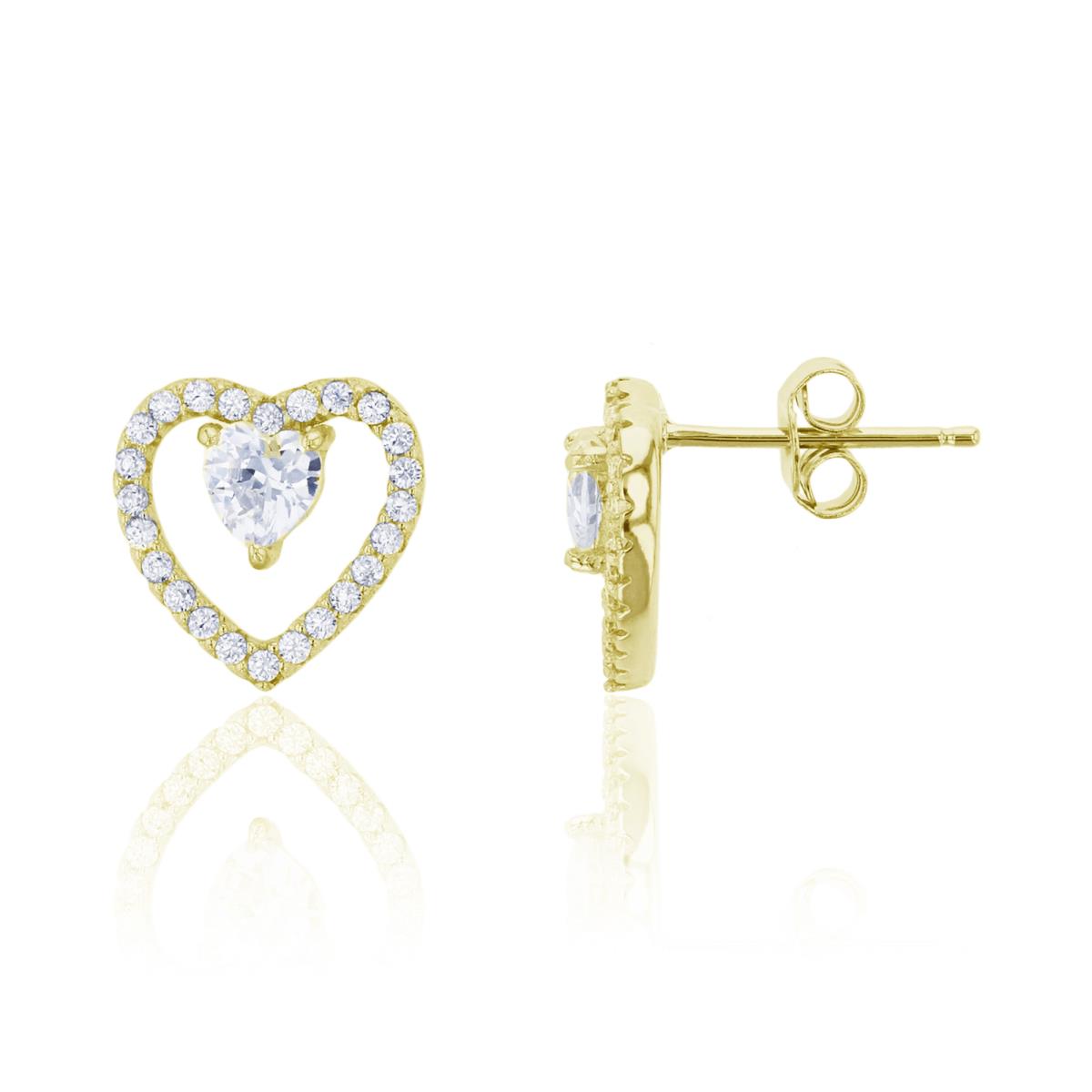 Sterling Silver Yellow 12x12mm Micropave Open Heart with Heart Cut Inside Stud Earring