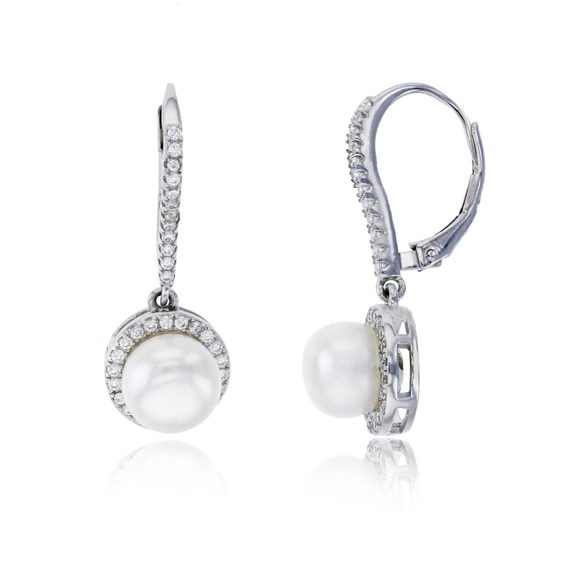 Sterling Silver Rhodium 8mm Freshwater Pearl & Micropave CZ Halo Dangling Earring