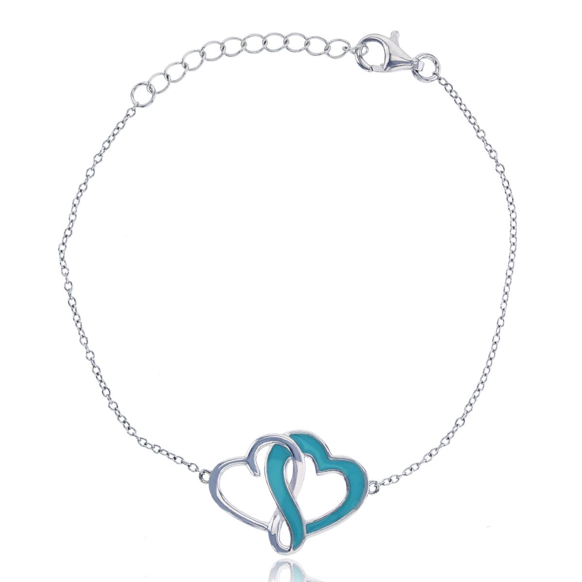 Sterling Silver Rhodium Polished 23x15mm Turquoise Enamel Double Heart Knot 7.5" Bracelet with Extender