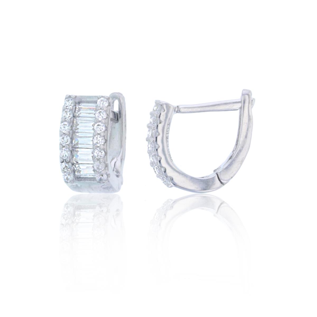 Sterling Silver Rhodium 10x5mm Micropave Rd & One-Row Baguette Huggie Earring