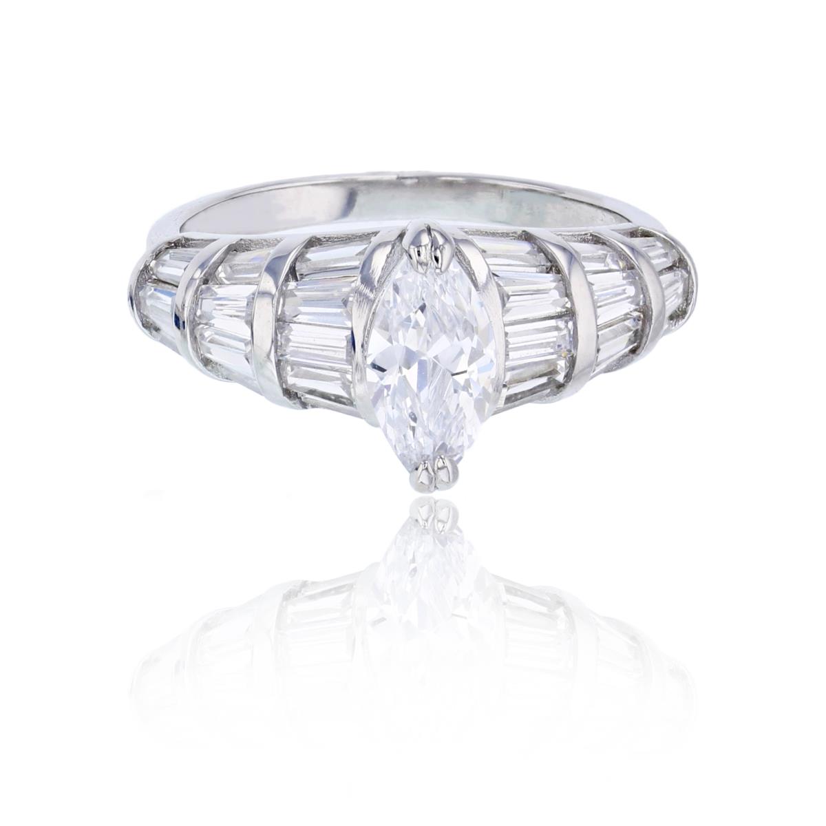 Sterling Silver Rhodium 10x5mm Marquise Cut & Graduated Bagutte CZ Sides Fashion Ring