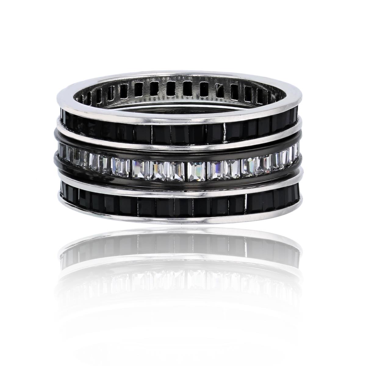 Sterling Silver Black & Rhodium B&W Baguette Cut Stack Ring