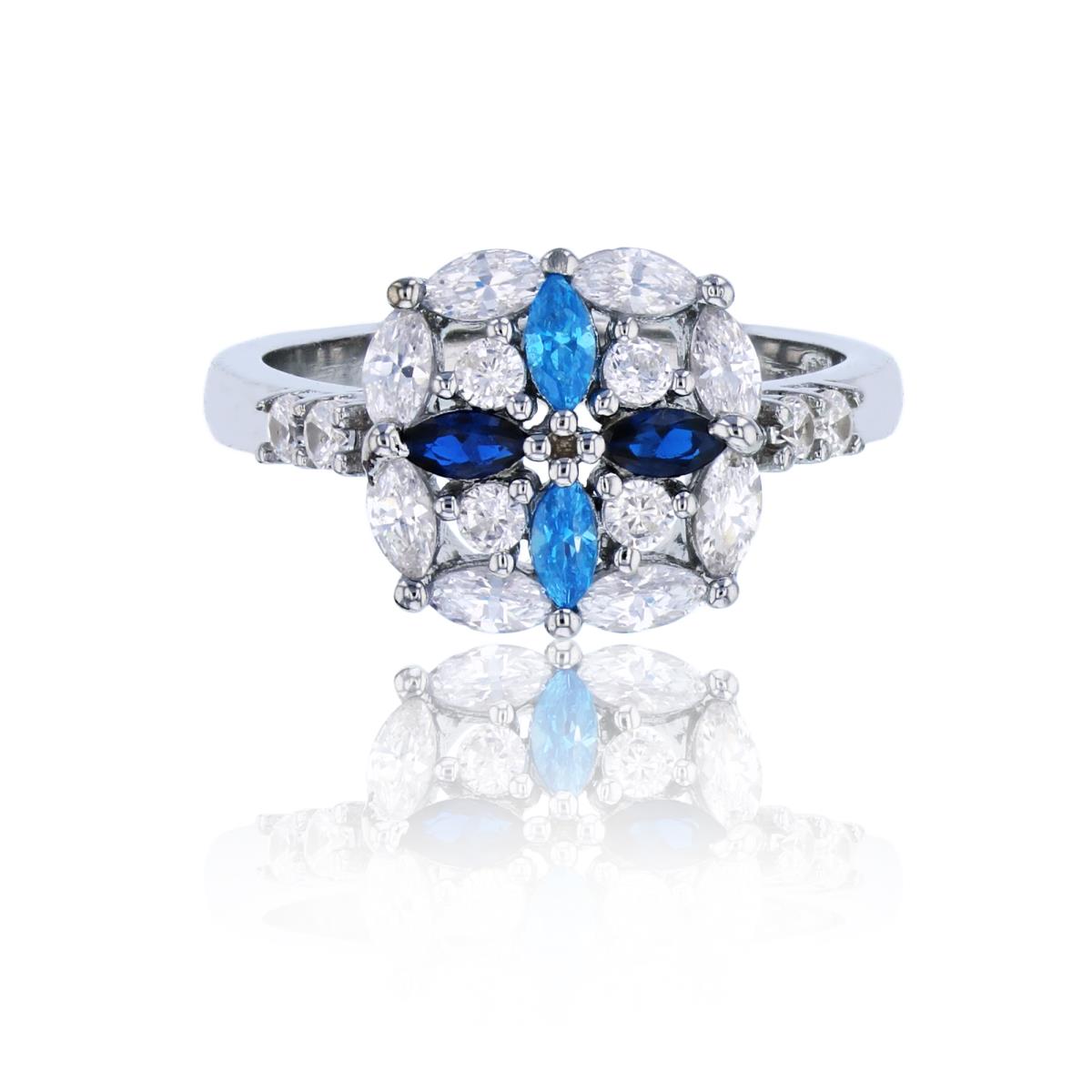 Sterling Silver Rhodium Sapphire+Blue+White Marquise & Rd Cut CZ Fashion Ring