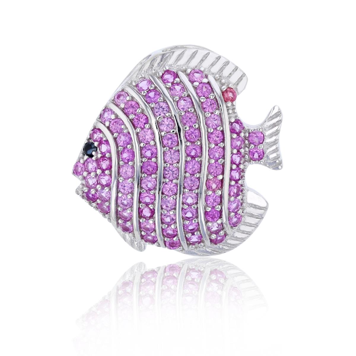 Sterling Silver Rhodium Micropave Pink CZ Fish Pendant