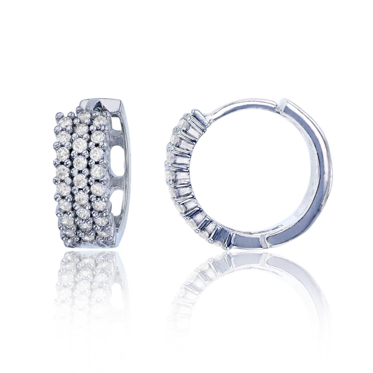 Sterling Silver Rhodium 13x5mm 3-Row Micropave Rd CZ Huggie Earring