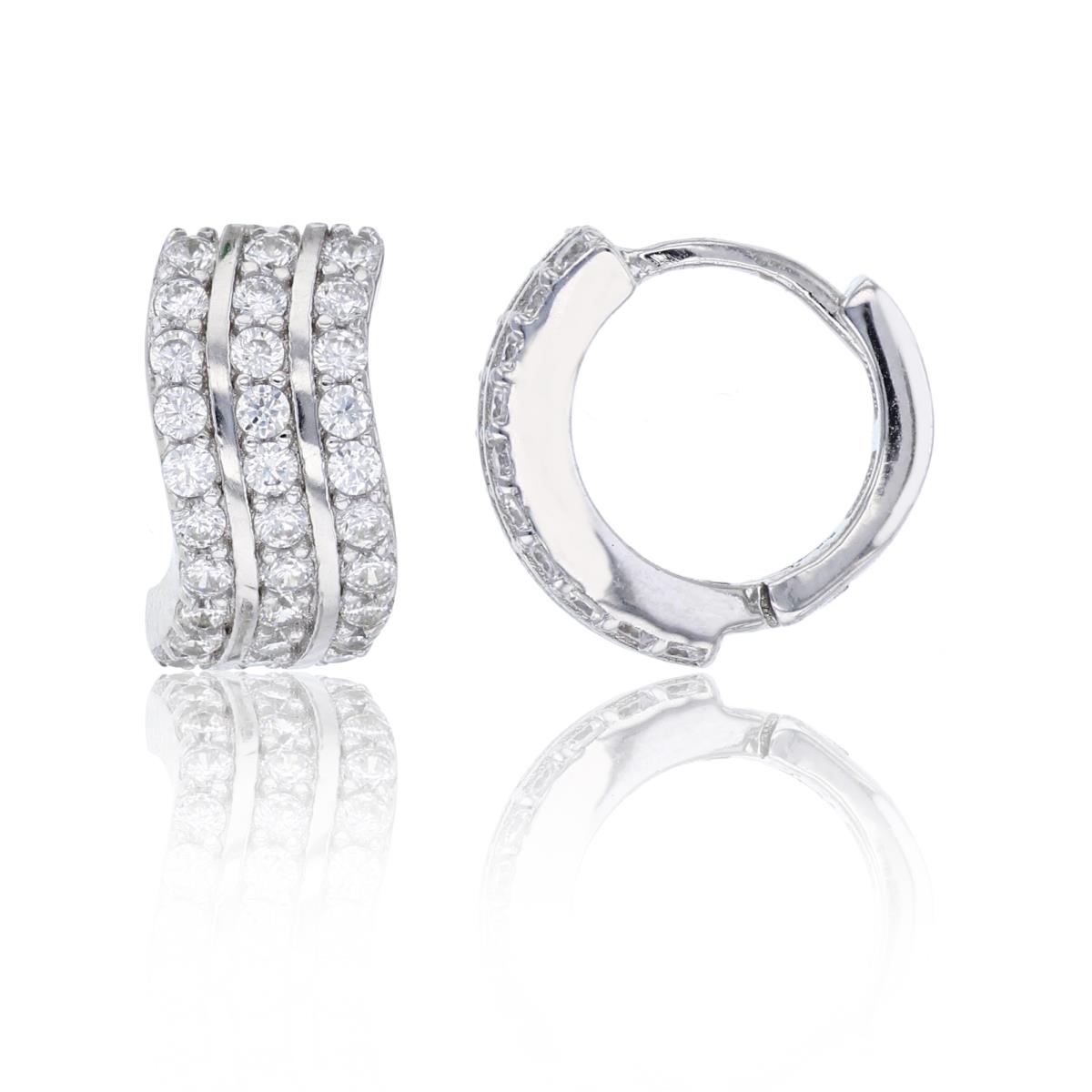Sterling Silver Rhodium 13x7mm 3-Row Micropave Wavy Huggie Earring