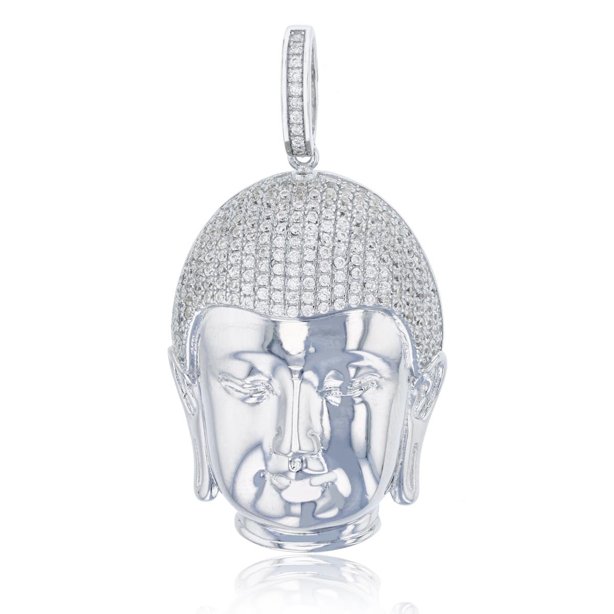 Sterling Silver Rhodium Polished & Micropave Buddha Head Pendant