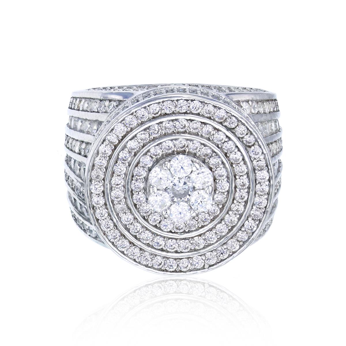 Sterling Silver Rhodium Micropave Multi-Row Circle Top Men's Ring