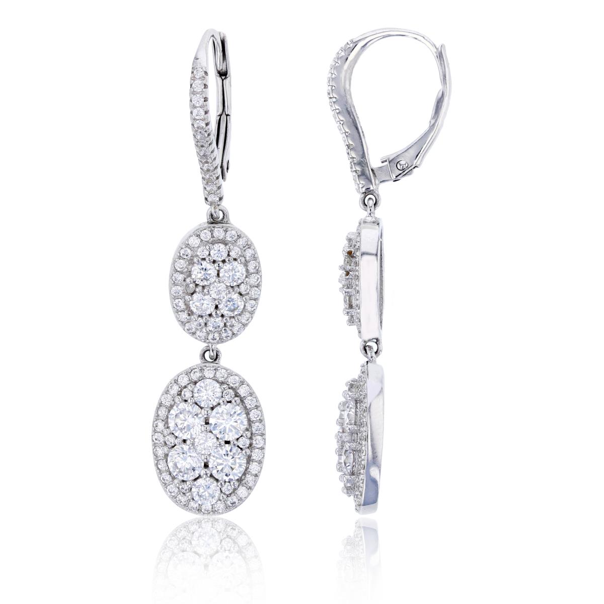 Sterling Silver Rhodium Pave Graduated Double Oval Shaped Dangling Earring