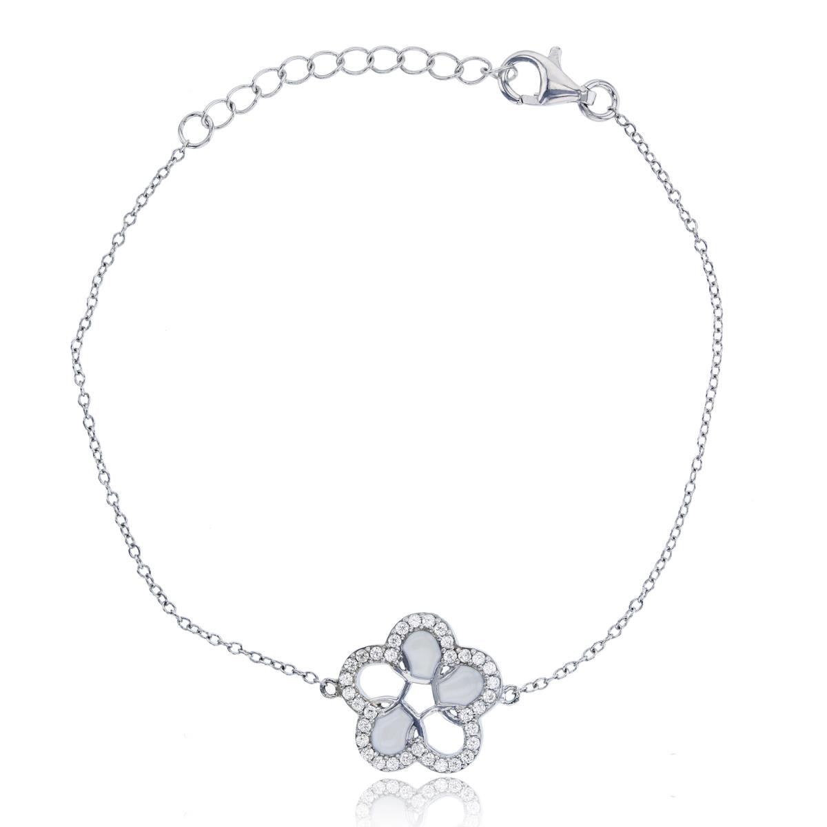 Sterling Silver Rhodium 16x14mm  Micropave & White Enamel Flower 6"+1" Fashion Bracelet