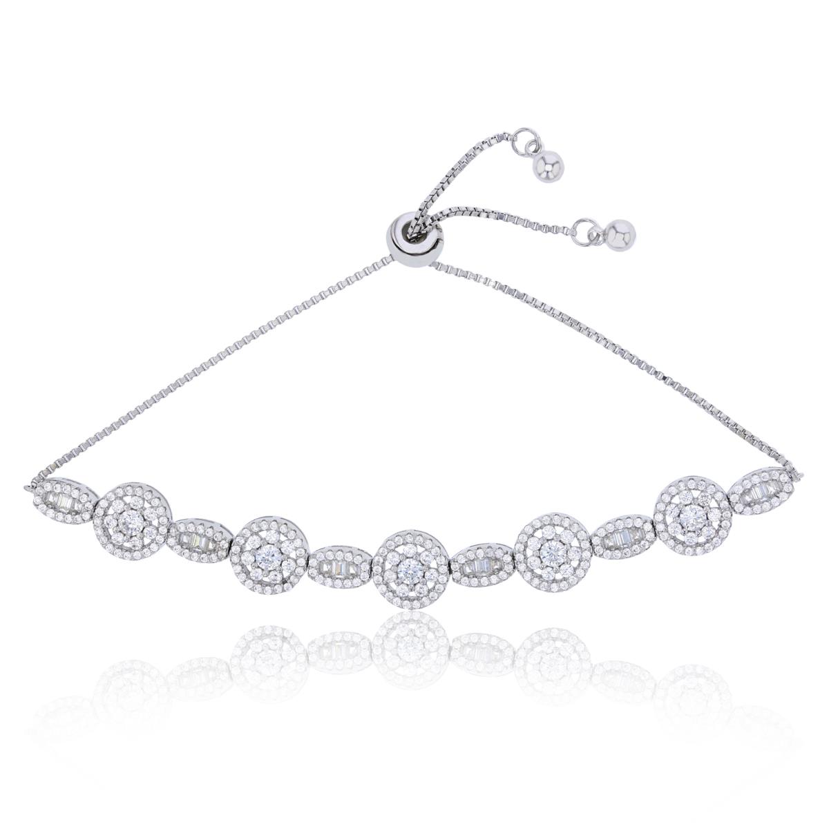 Sterling Silver Rhodium Rd & Baguette CZ Circle Flowers Adjustable Bracelet